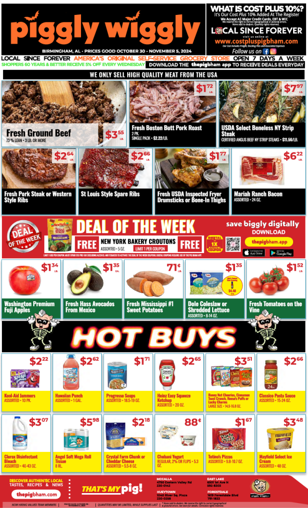 Weekly ad for Piggly Wiggly in Birmingham, AL, featuring Cost Plus 10% deals on meats, produce, and groceries from October 30 to November 5, 2024.